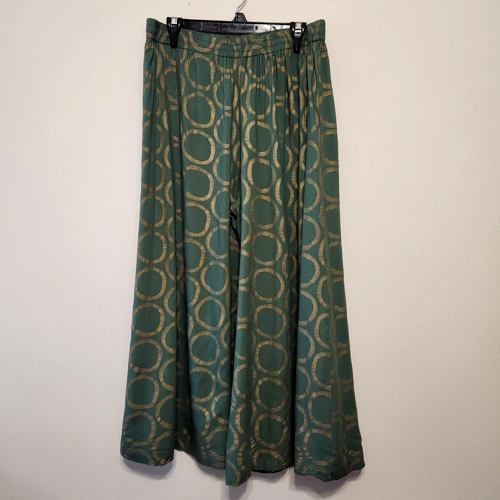 Utsa Green Wide-Leg Palazzo Pants with‎ Gold Circle Pattern